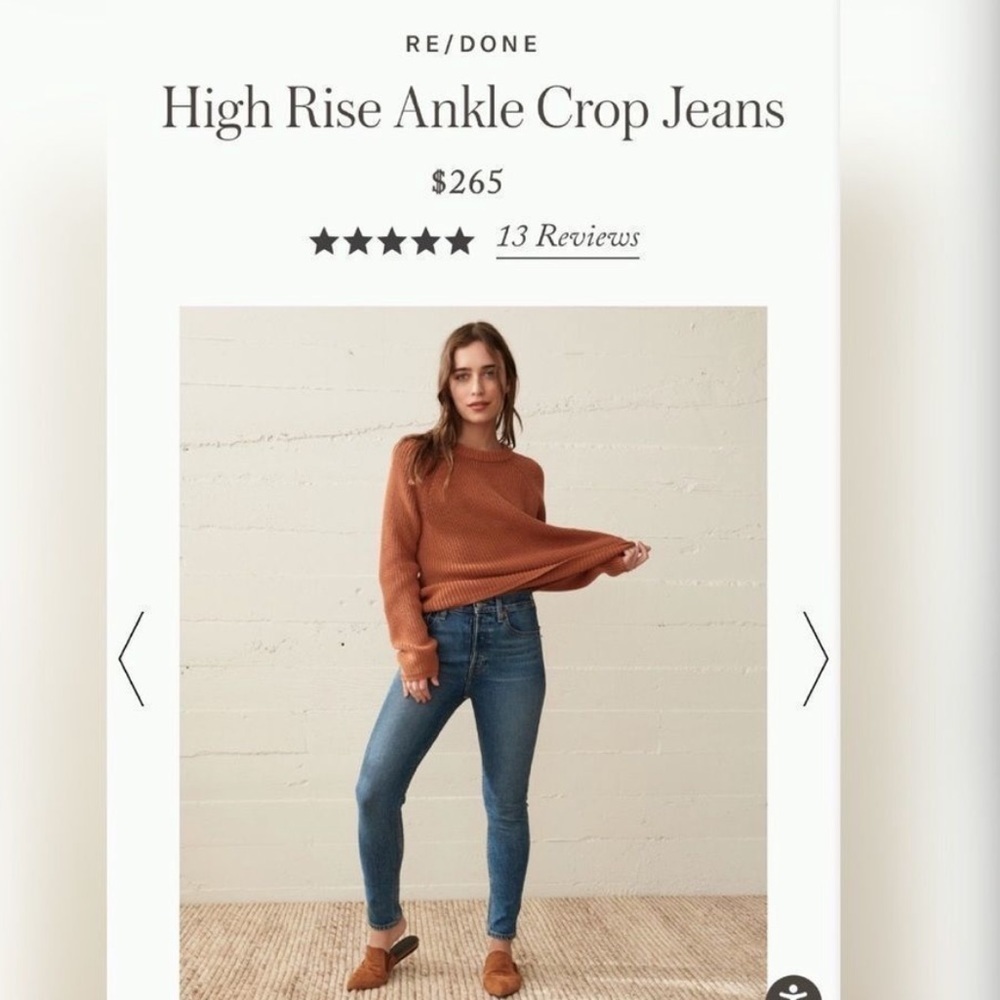 Redone 90s high rise, ankle crop dark wash, size 28, inseam 26